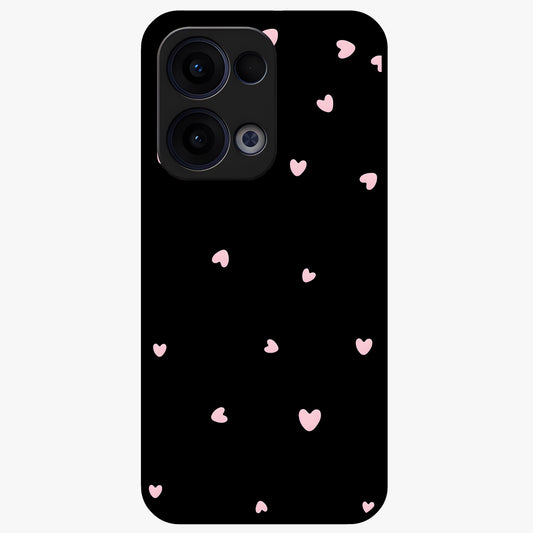 Pink Love Drops Glass Case showing flat back view with playful pink heart drops artwork and glossy glass finish.
