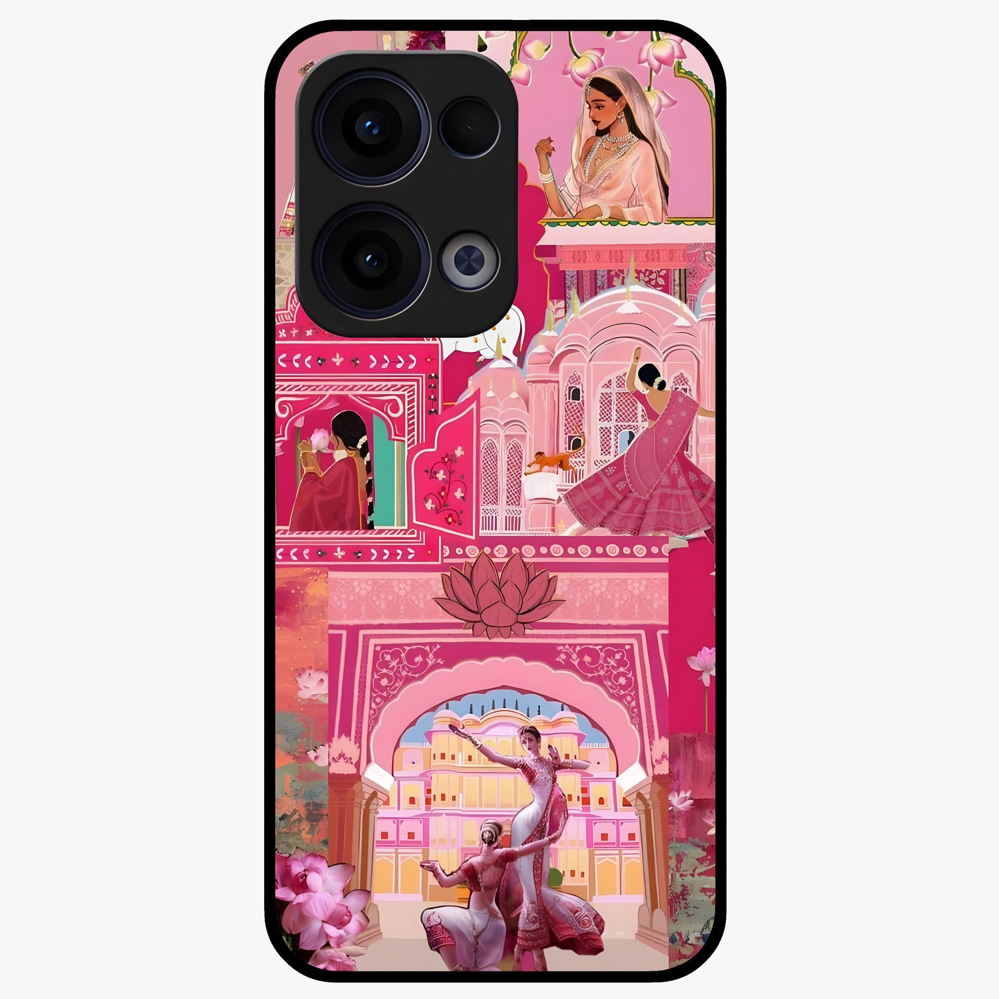 Pink Palace Muse Glass Case showing flat back view with elegant palace inspired artwork and glossy glass finish.