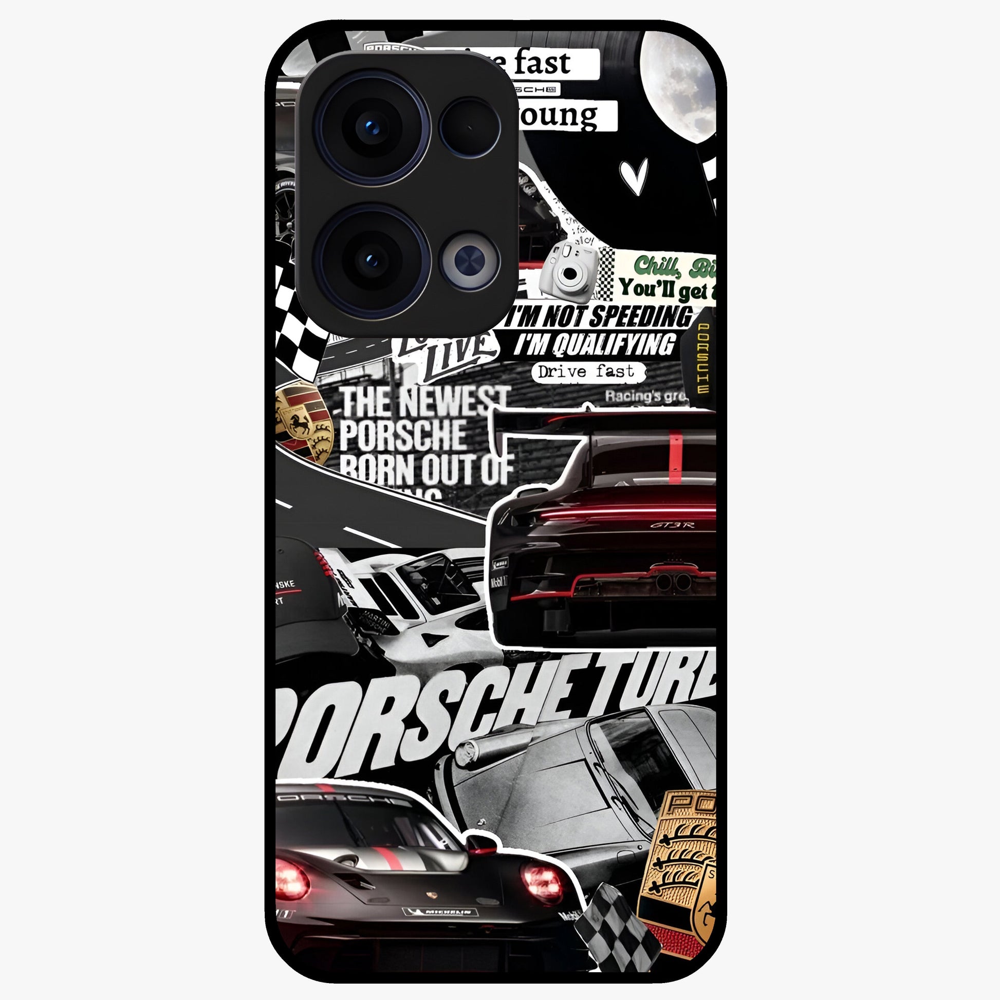 Porsche Racing Collage Glass Case showing flat back view with sports car racing collage artwork and glossy glass finish.