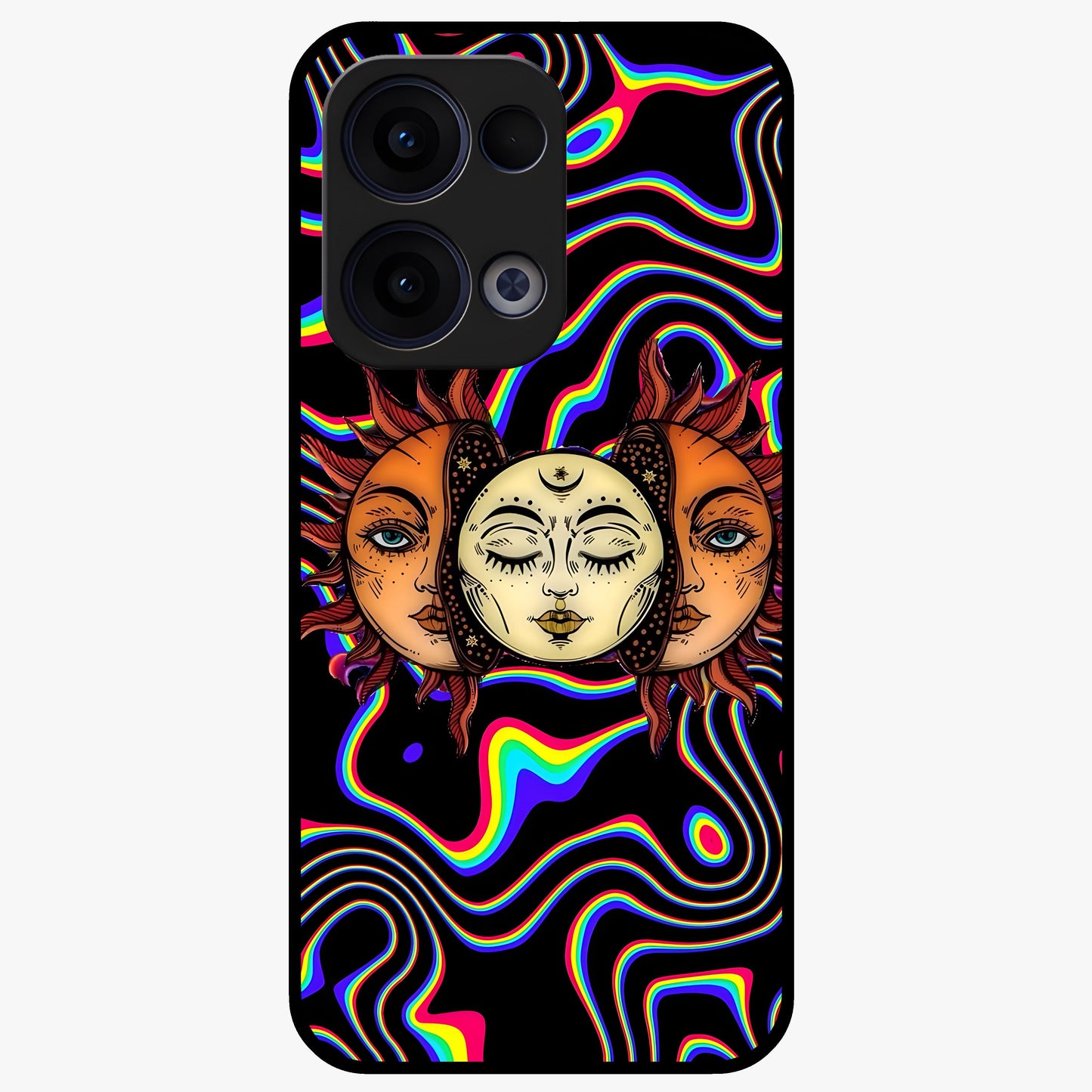 Psychedelic Sun Glass Case showing flat back view with colorful psychedelic sun artwork and glossy glass finish.