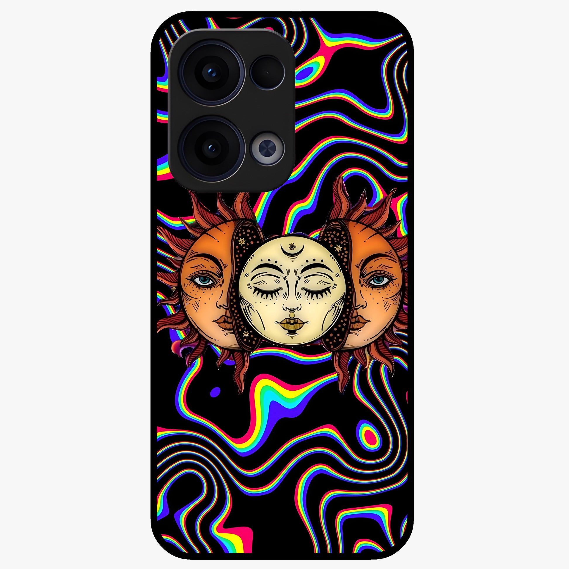 Psychedelic Sun Glass Case showing flat back view with colorful psychedelic sun artwork and glossy glass finish.