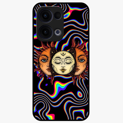 Psychedelic Sun Glass Case showing flat back view with colorful psychedelic sun artwork and glossy glass finish.