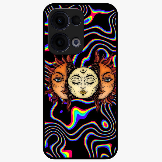 Psychedelic Sun Glass Case showing flat back view with colorful psychedelic sun artwork and glossy glass finish.