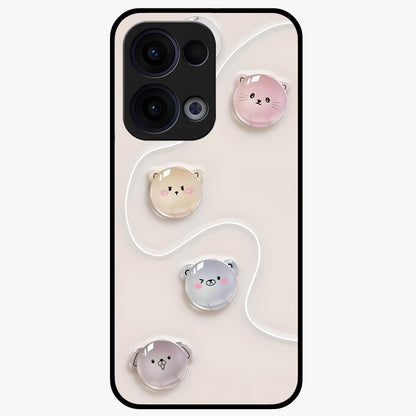 Puffy Face Parade Glass Case showing flat back view with cute puffy character faces artwork and glossy glass finish.
