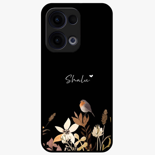 Quiet Garden Tune Custom Name Glass Case showing flat back view with peaceful garden artwork and personalized name design.