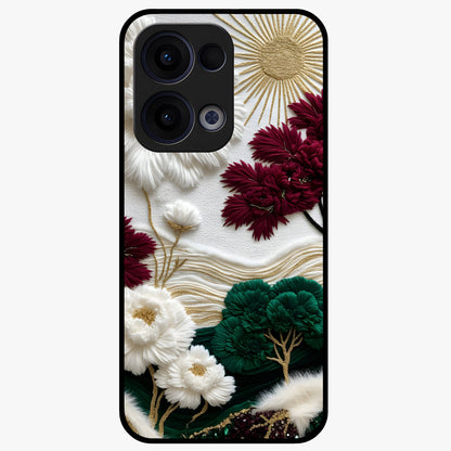 Radiant Bloom Elegance Glass Case showing flat back view with elegant blooming flower artwork and glossy glass finish.