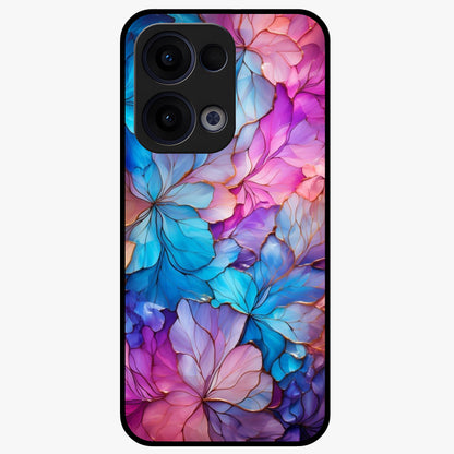 Radiant Floral Whirl Glass Case showing flat back view with swirling floral artwork and glossy glass finish.
