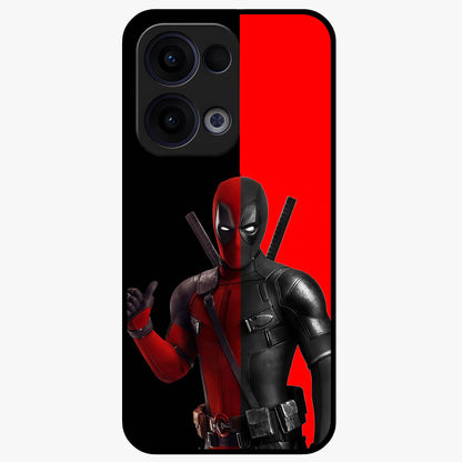 Red & Black Deadpool Theme Glass Case showing flat back view with bold comic inspired artwork and glossy glass finish.