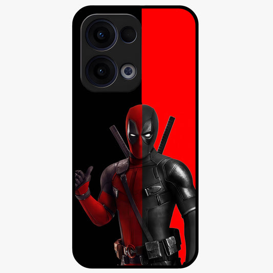 Red & Black Deadpool Theme Glass Case showing flat back view with bold comic inspired artwork and glossy glass finish.