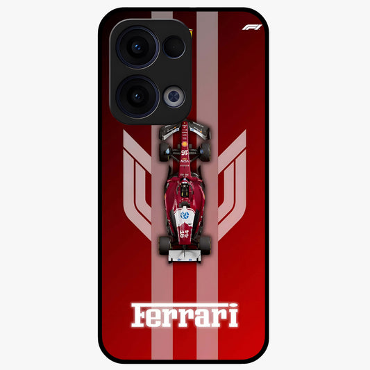 Red Ferrari F1 Vertical Glass Case showing flat back view with sleek Formula racing car artwork and glossy glass finish.
