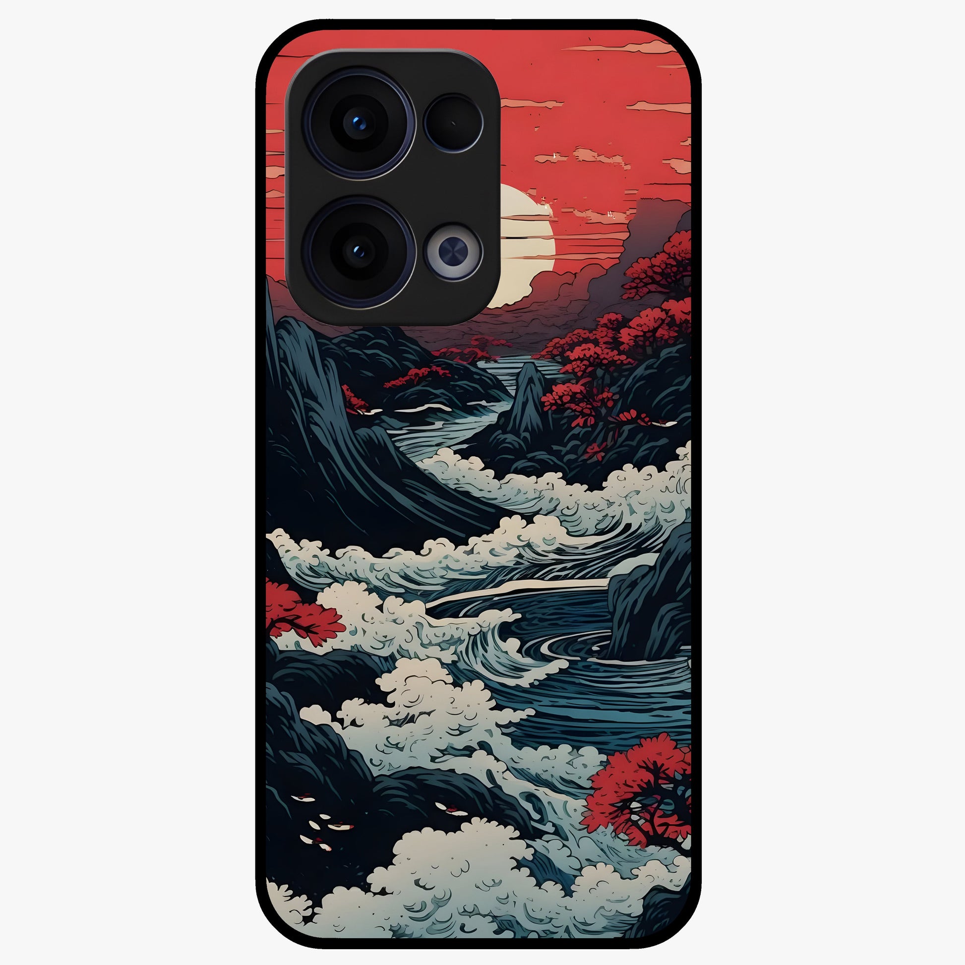 Red Sunset Scenery Glass Case showing flat back view with vibrant sunset landscape artwork and glossy glass finish.