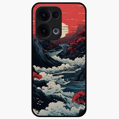 Red Sunset Scenery Glass Case showing flat back view with vibrant sunset landscape artwork and glossy glass finish.