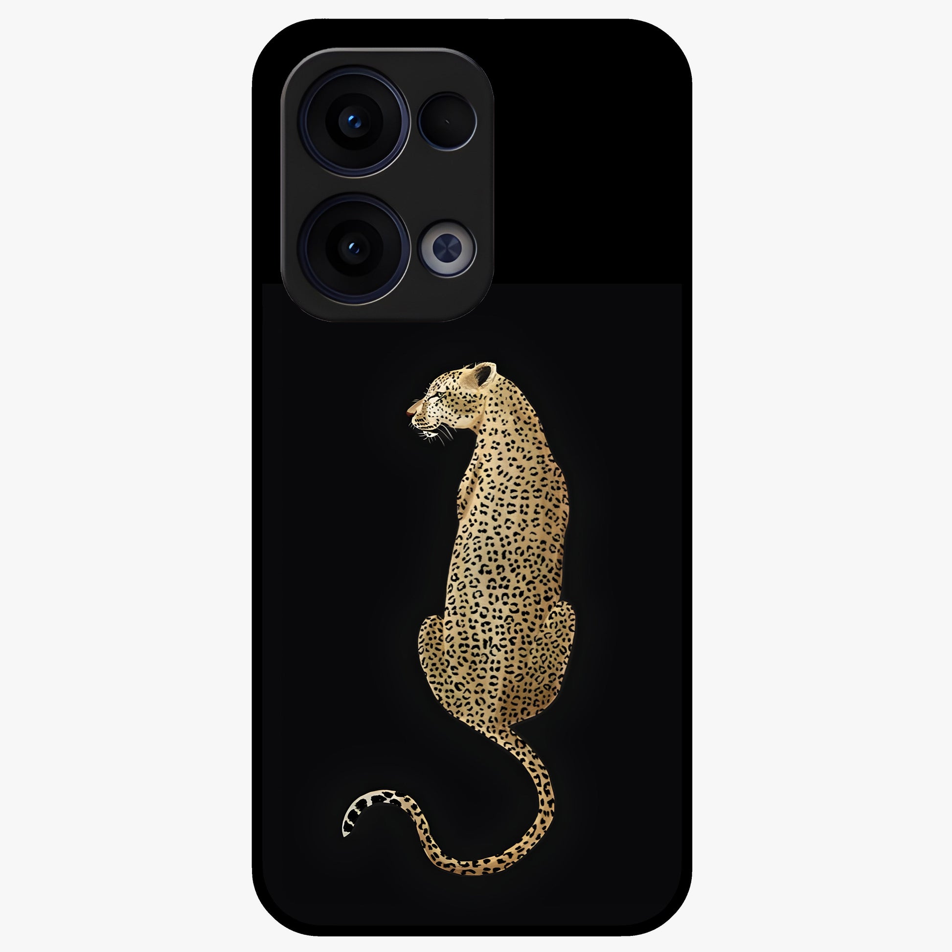 Regal Leopard Glass Case showing flat back view with bold leopard artwork and glossy glass finish.