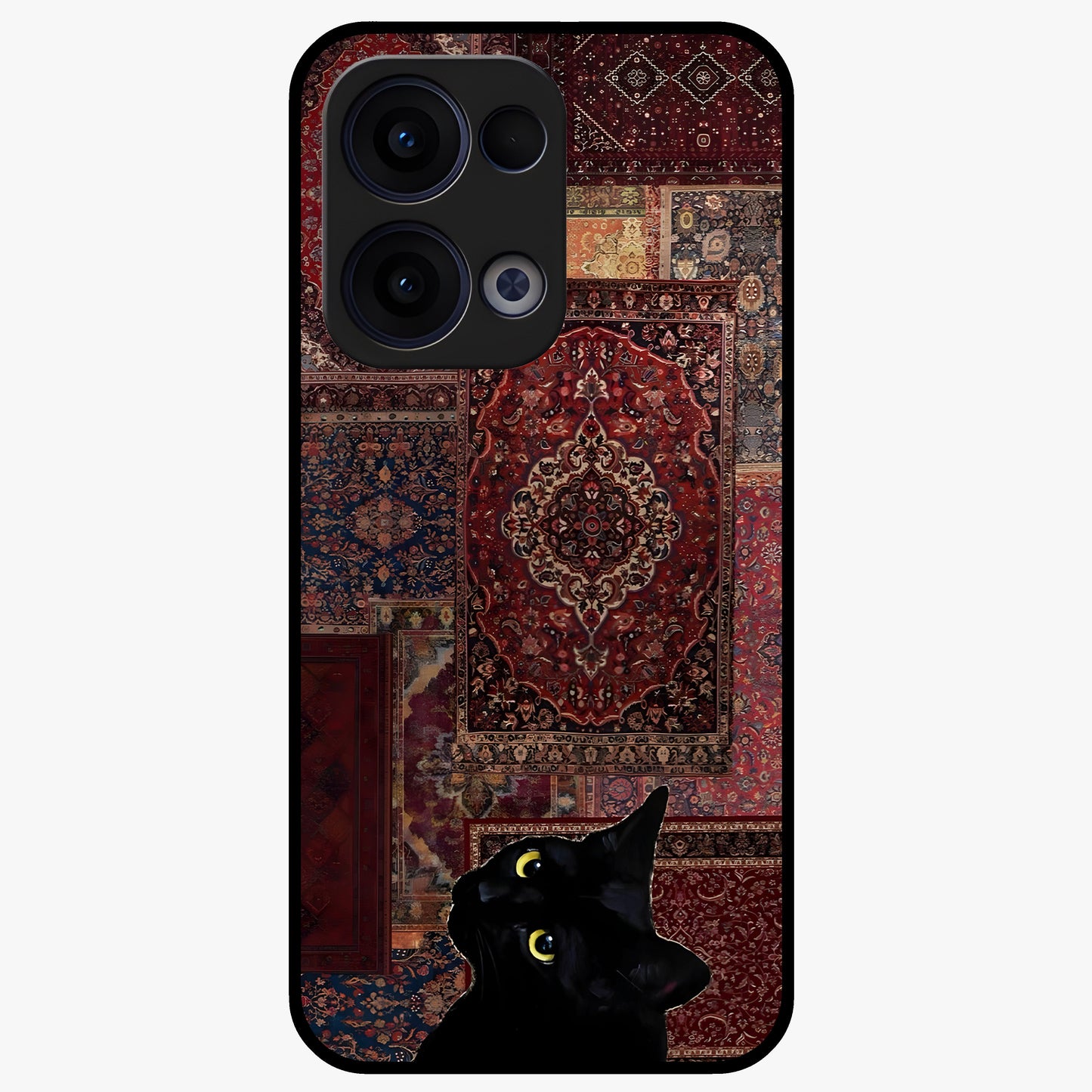 Regal Magic Cat Apple Glass Case showing flat back view with magical cat artwork holding apple and glossy glass finish.
