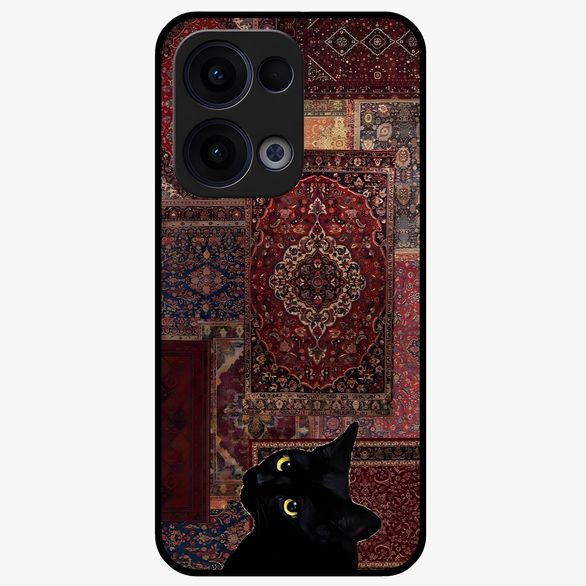 Regal Magic Cat Apple Glass Case showing flat back view with magical cat artwork holding apple and glossy glass finish.