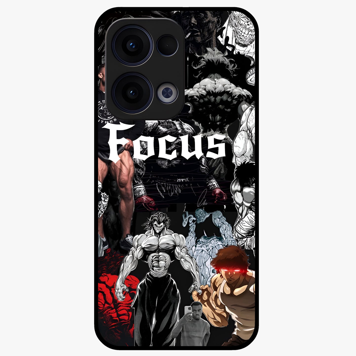 Relentless Power Focus Glass Case showing flat back view with motivational typography artwork and glossy glass finish.