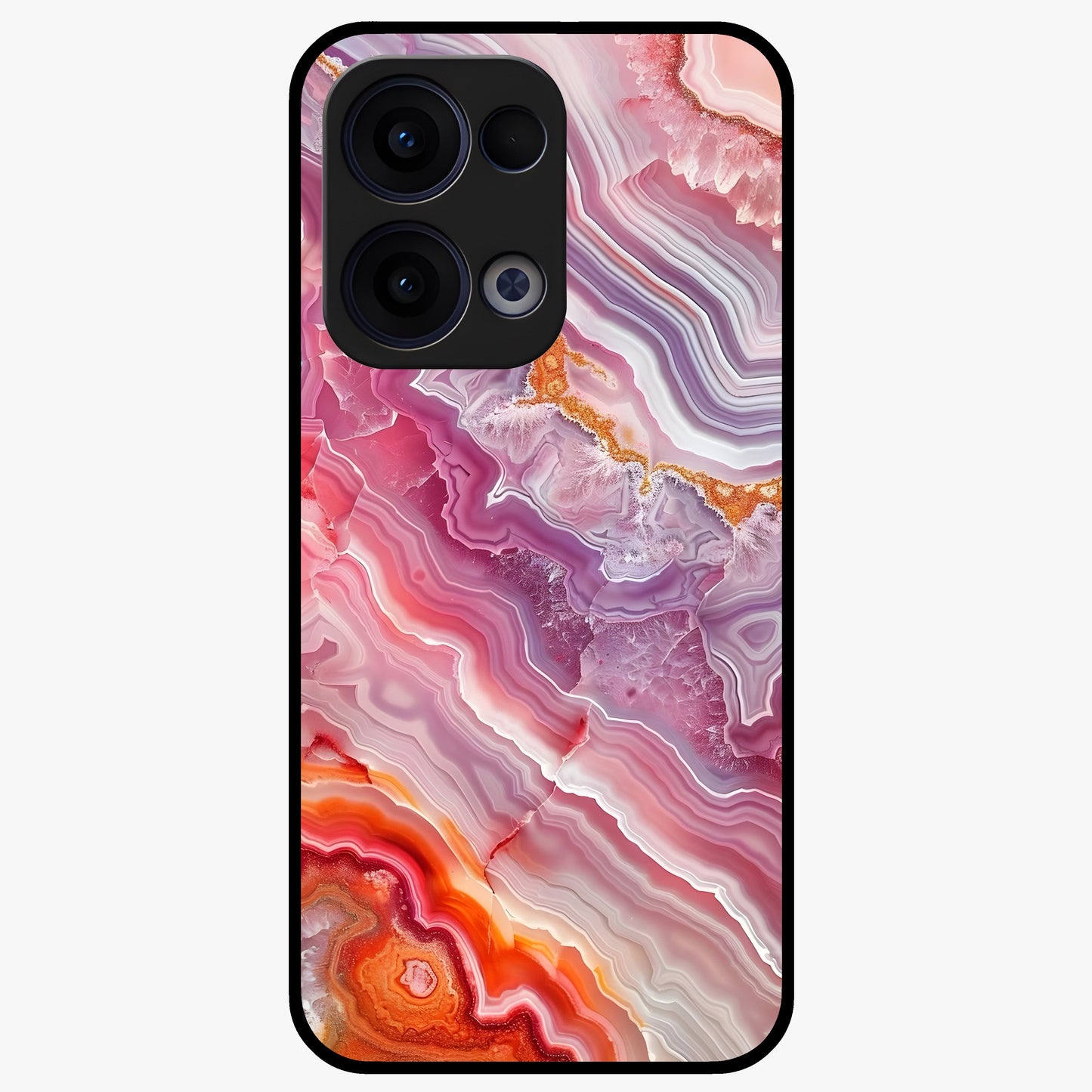 Rose Quartz Marble Glass Case showing flat back view with pink marble quartz texture artwork and glossy glass finish.