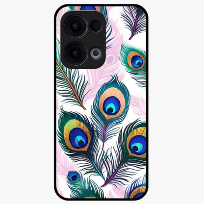 Royal Peacock Feathers Glass Case showing flat back view with colorful peacock feather artwork and glossy glass finish.