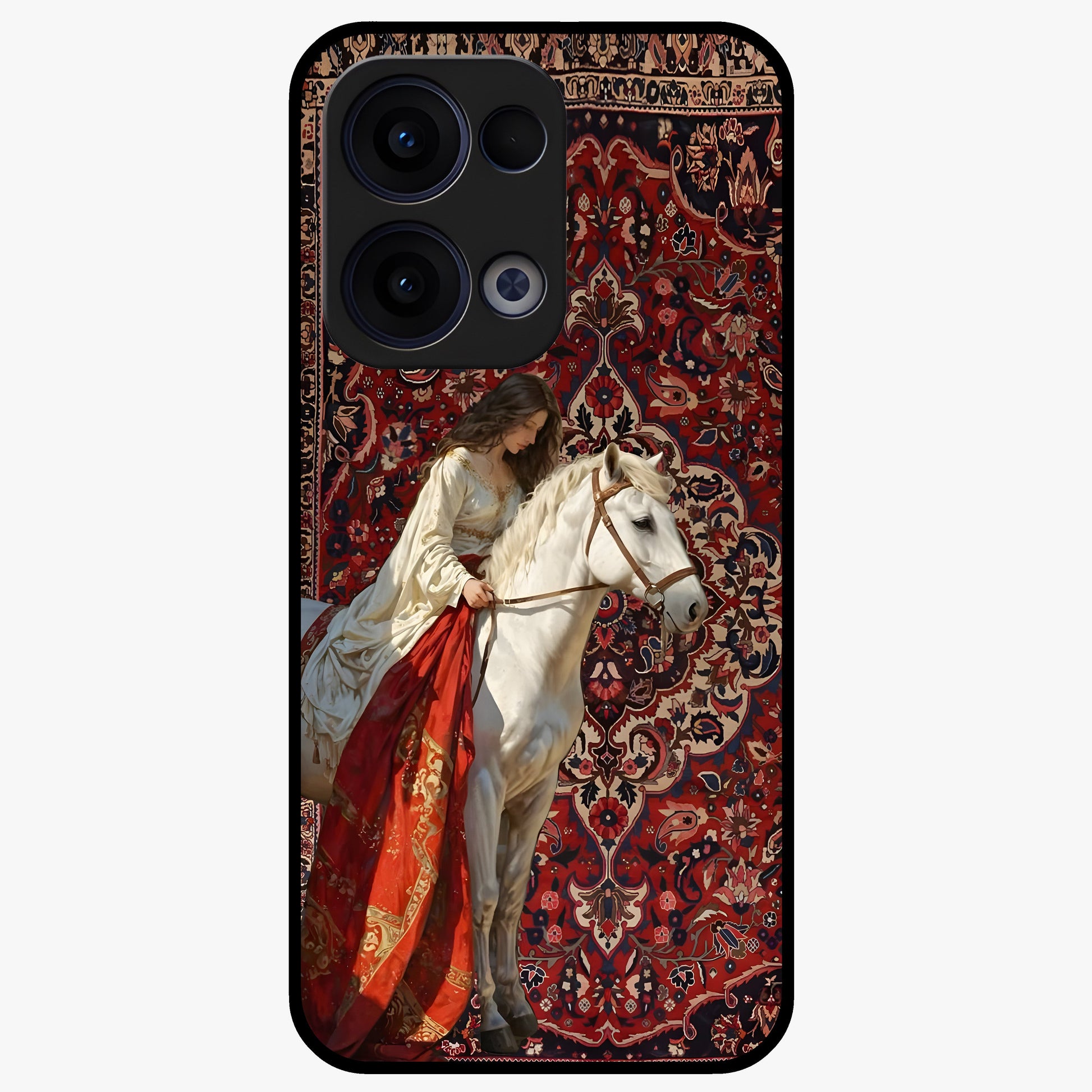 Royal Rider Tapestry Glass Case showing flat back view with majestic horse rider tapestry artwork and glossy glass finish.
