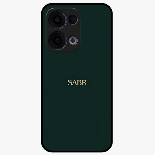 Sabr Minimal Patience Glass Case showing flat back view with minimalist typography artwork and glossy glass finish.