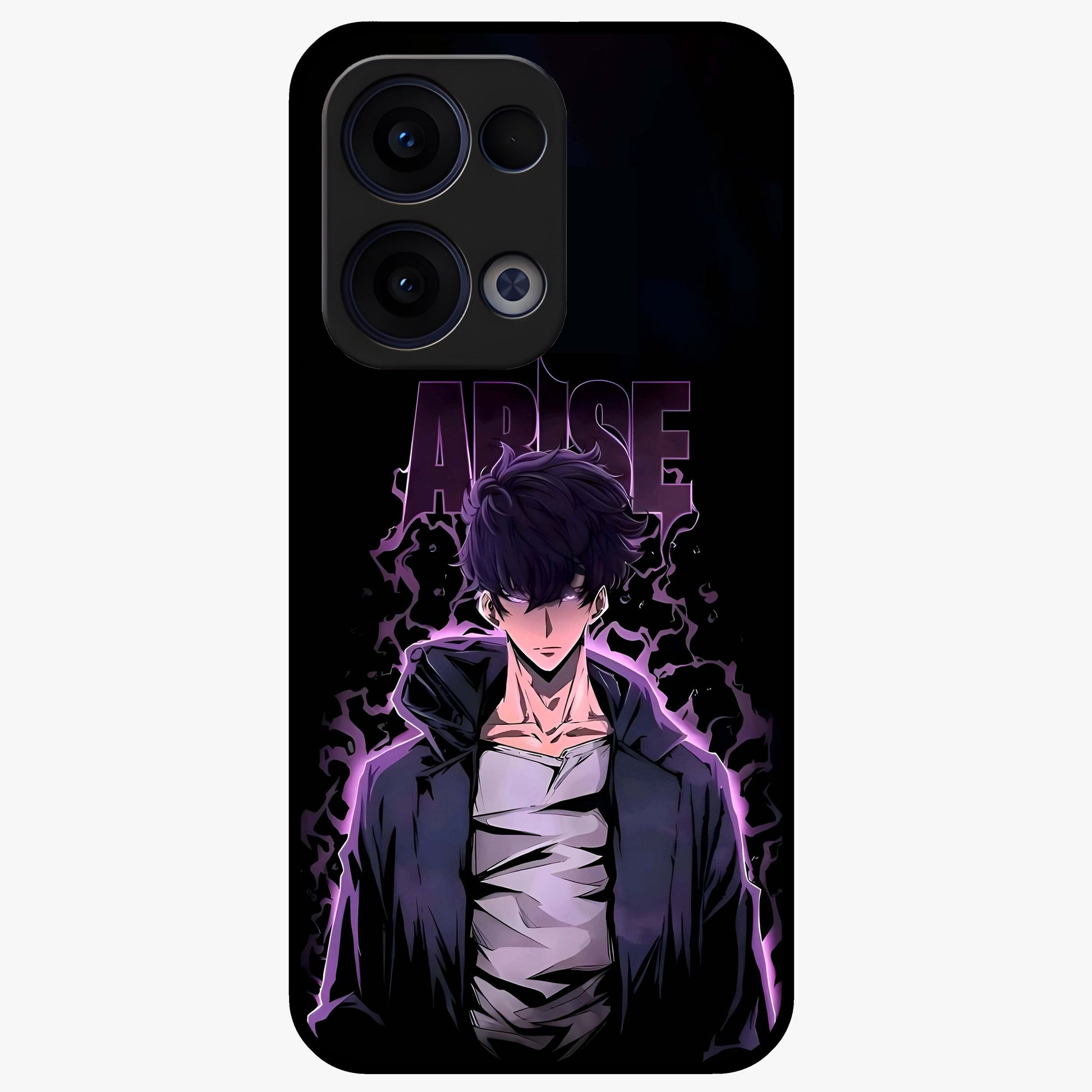 Shadow Monarch Awakening Glass Case showing flat back view with powerful dark monarch themed artwork and glossy glass finish.