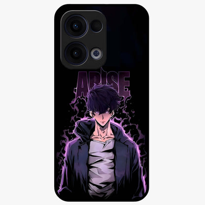 Shadow Monarch Awakening Glass Case showing flat back view with powerful dark monarch themed artwork and glossy glass finish.