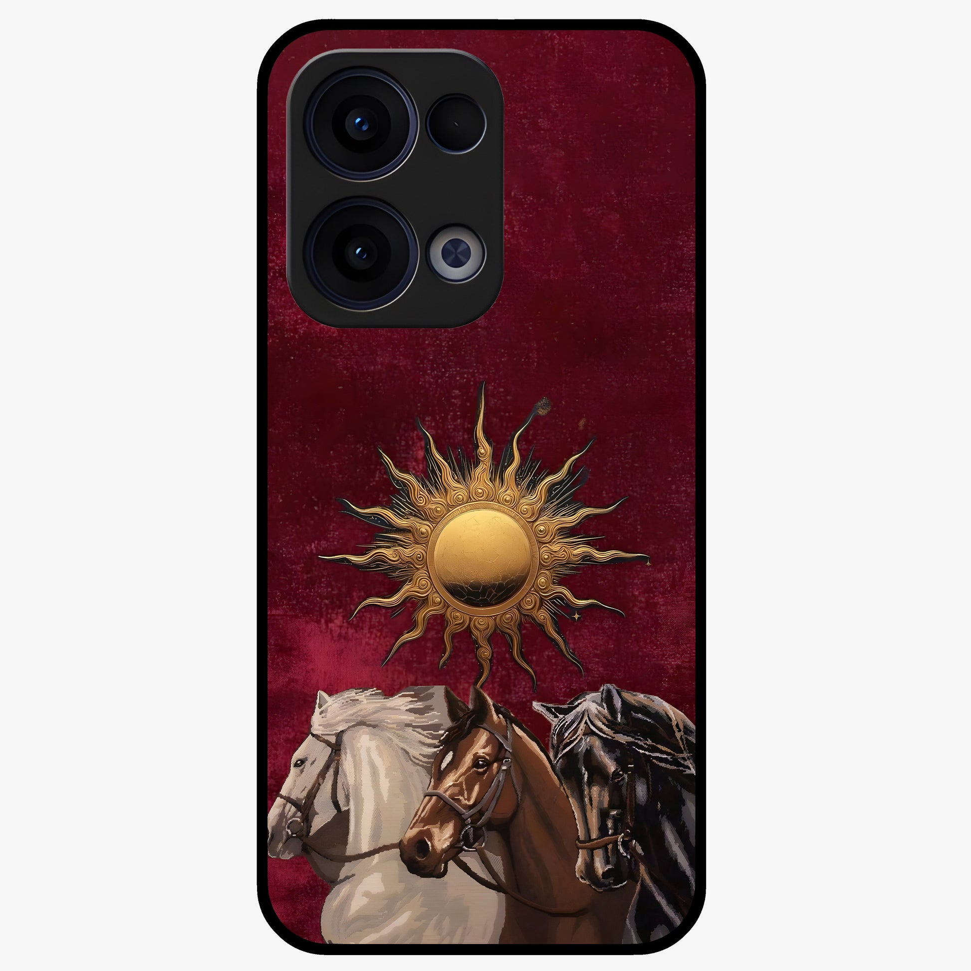 Solar Riders Glass Case showing flat back view with dynamic rider themed artwork and glossy glass finish.