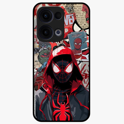 Spider Collage Street Glass Case showing flat back view with vibrant superhero collage artwork and glossy glass finish.