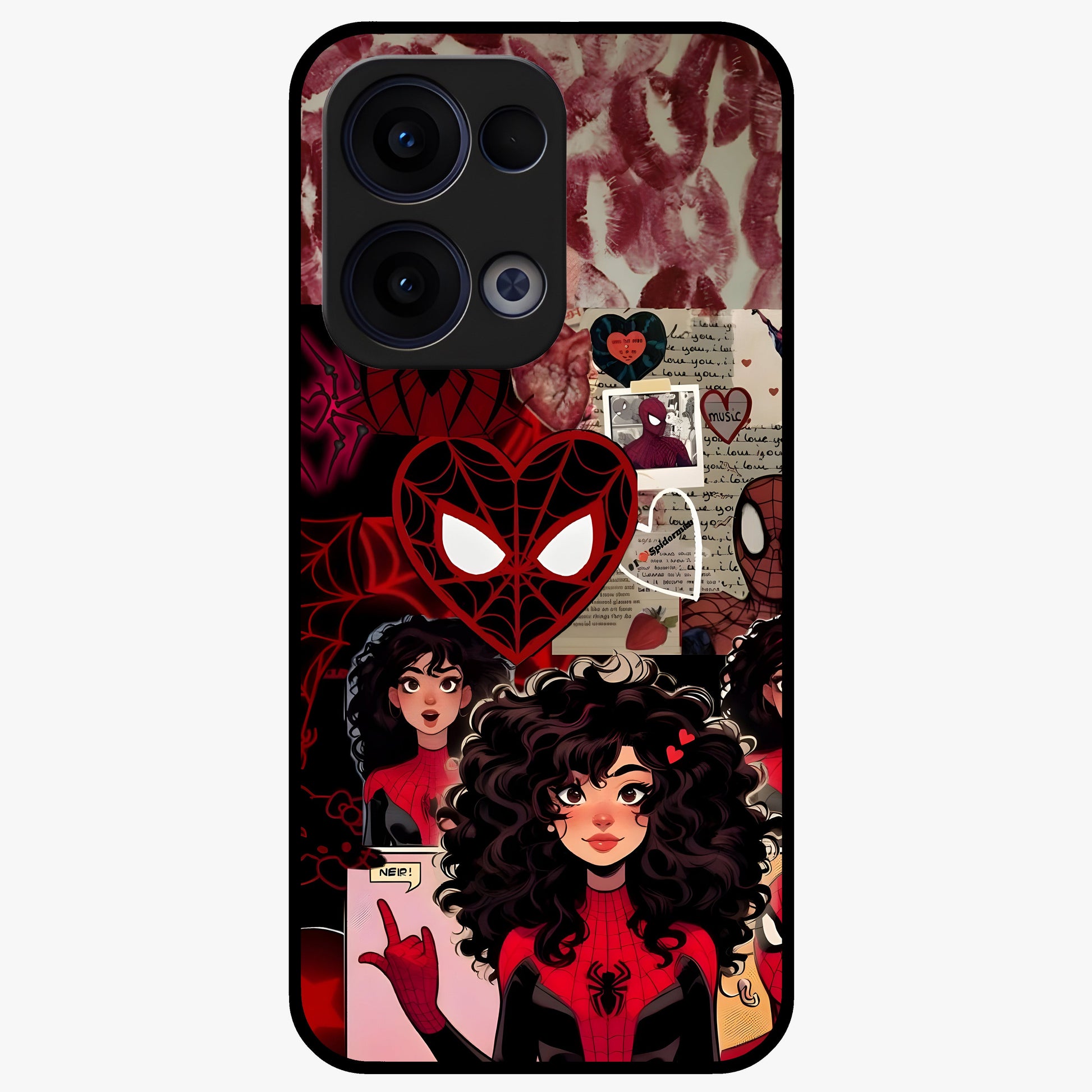 Spider Love Story Glass Case showing flat back view with romantic superhero themed artwork and glossy glass finish.
