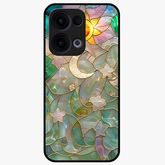 Stained Sunrise Glow Glass Case showing flat back view with glowing sunrise stained pattern artwork and glossy glass finish.