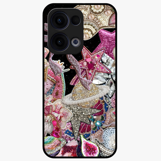 Starlit Jewel Dream Glass Case showing flat back view with sparkling jewel and star themed artwork and glossy glass finish.