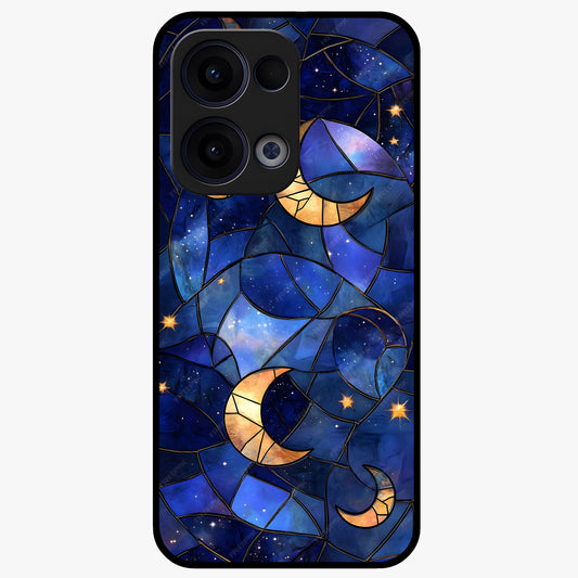 Starlit Sky Tapestry Glass Case showing flat back view with decorative starry sky tapestry artwork and glossy glass finish.