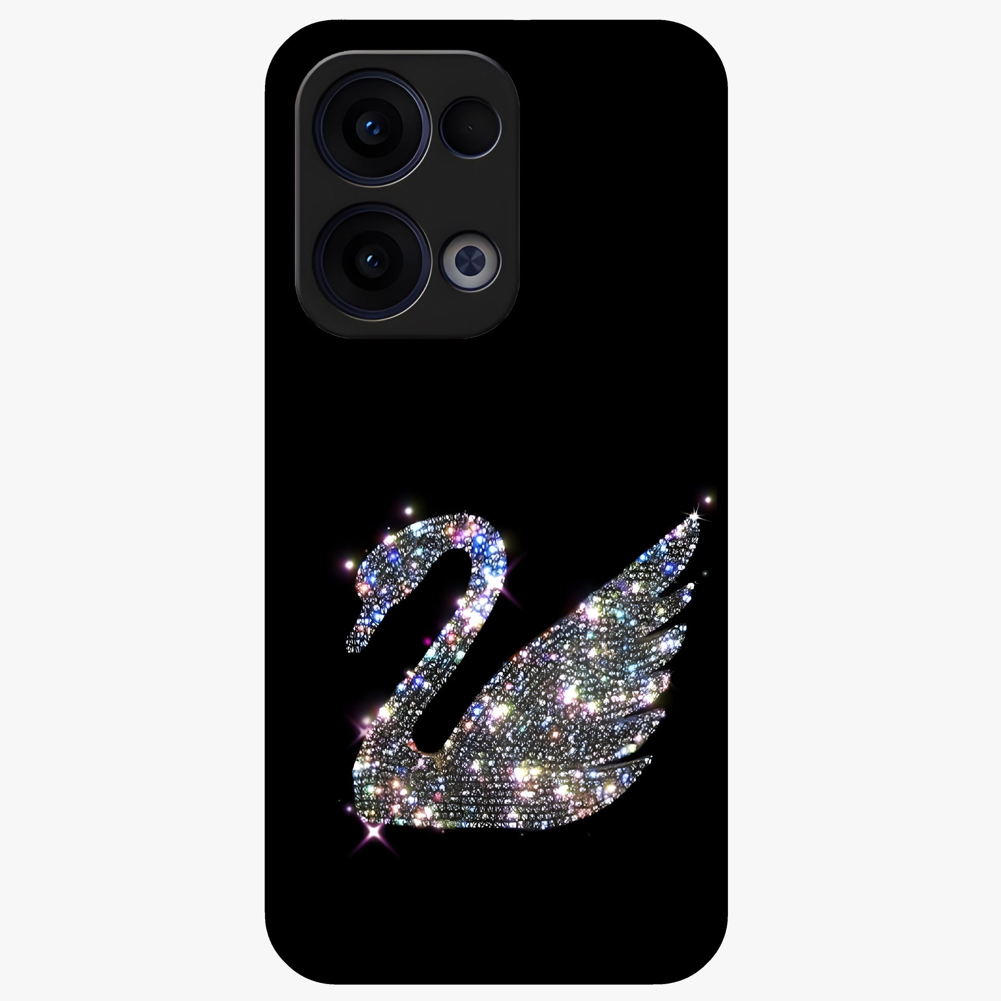 Starlit Swan Grace Glass Case showing flat back view with graceful swan artwork under starry sky and glossy glass finish.