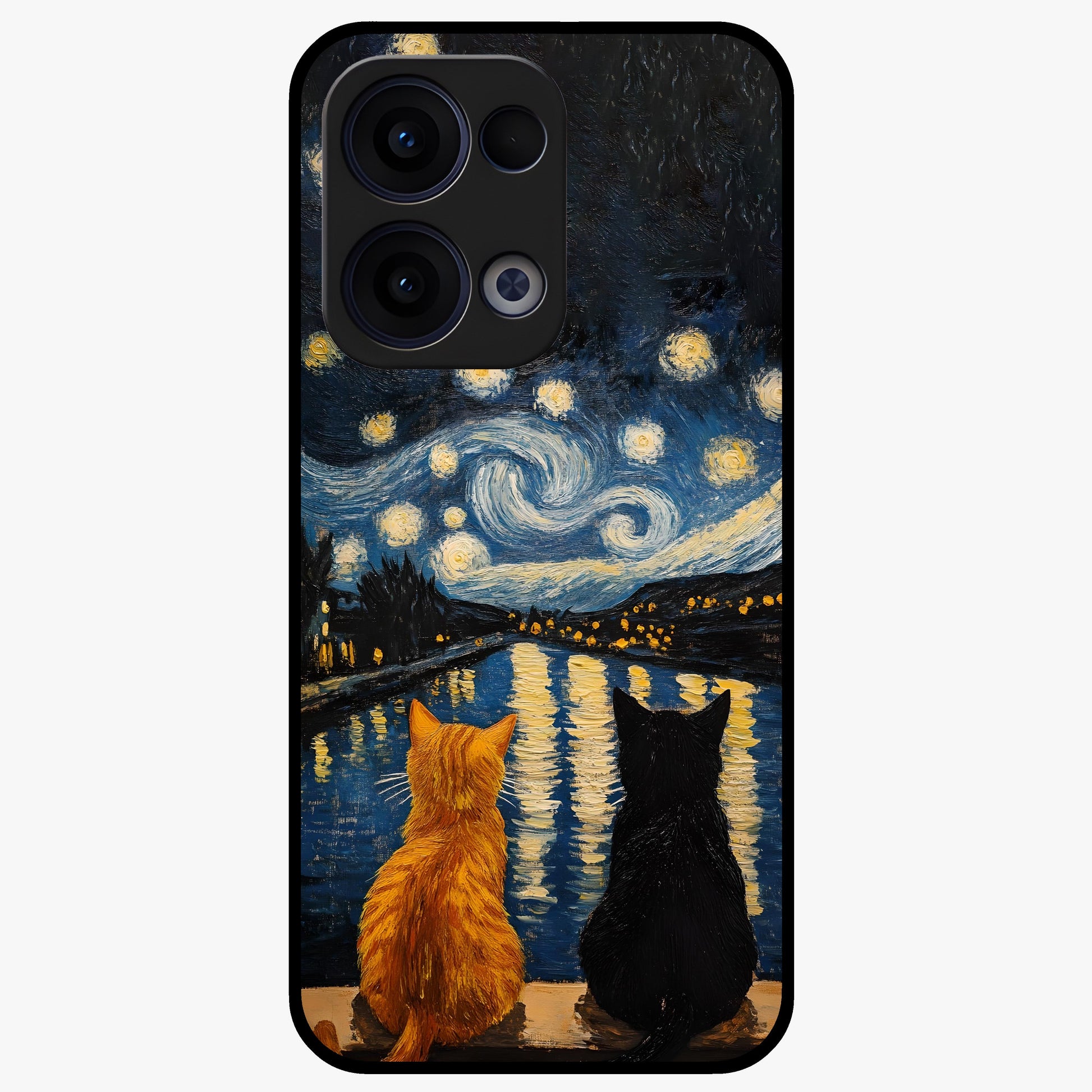 Starry River Cats Glass Case showing flat back view with cats by a starry river artwork and glossy glass finish.