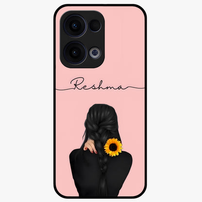 Sunflower Braid Beauty With Custom Name Glass Case showing flat back view with sunflower braid artwork and personalized name design.