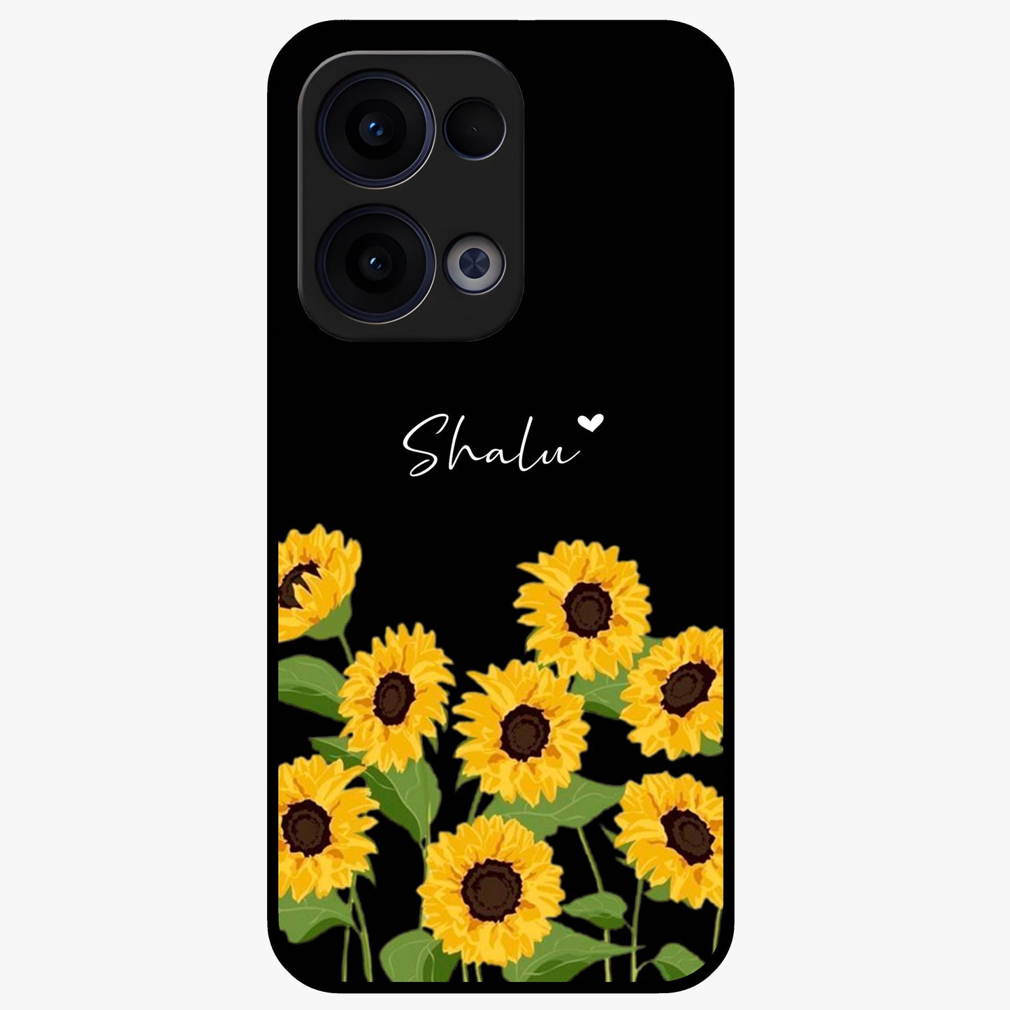 Sunflower Chic Mood Custom Name Glass Case showing flat back view with stylish sunflower artwork and personalized name design.