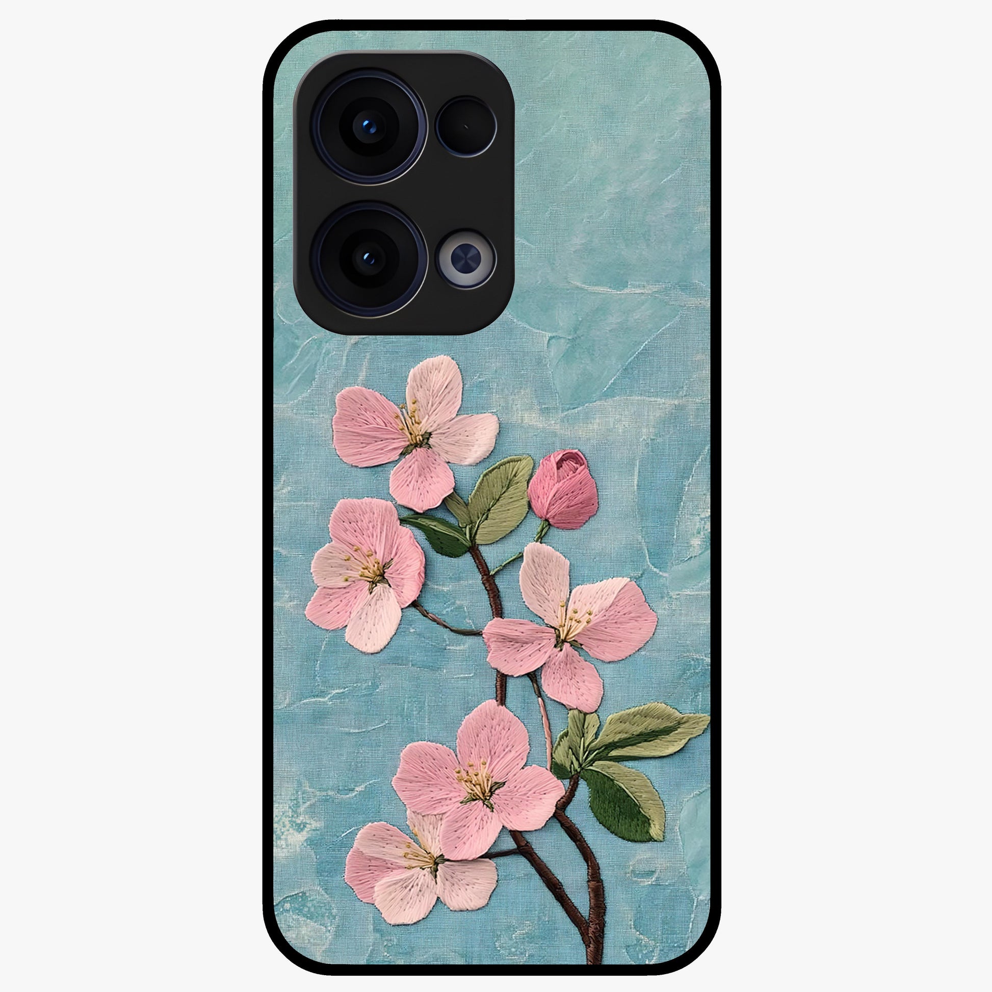Threaded Blossom Breeze Glass Case showing flat back view with delicate blossom artwork and glossy glass finish.