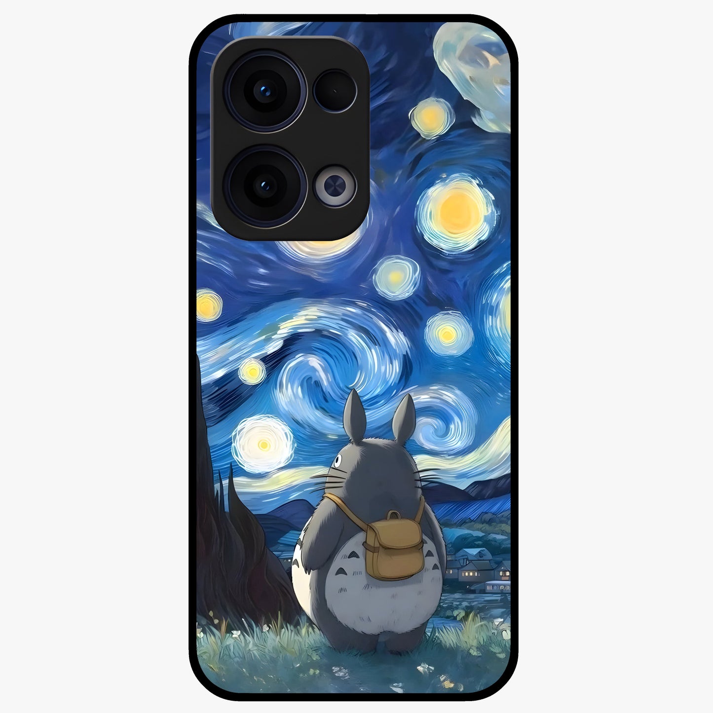 Totoro In Van Gogh Art Glass Case showing flat back view with whimsical character artwork inspired by Van Gogh style and glossy glass finish.
