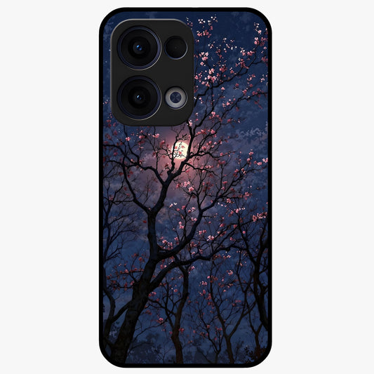 Twilight Sakura Serenade Glass Case showing flat back view with cherry blossom artwork at twilight and glossy glass finish.
