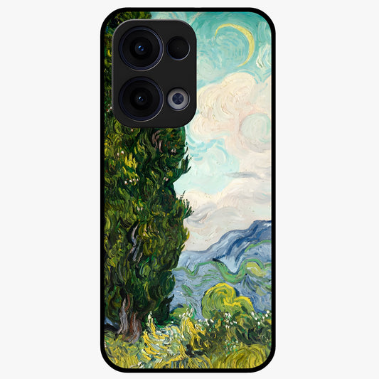Van Gogh Vintage Art Glass Case showing flat back view with vintage painterly artwork inspired by Van Gogh style and glossy glass finish.