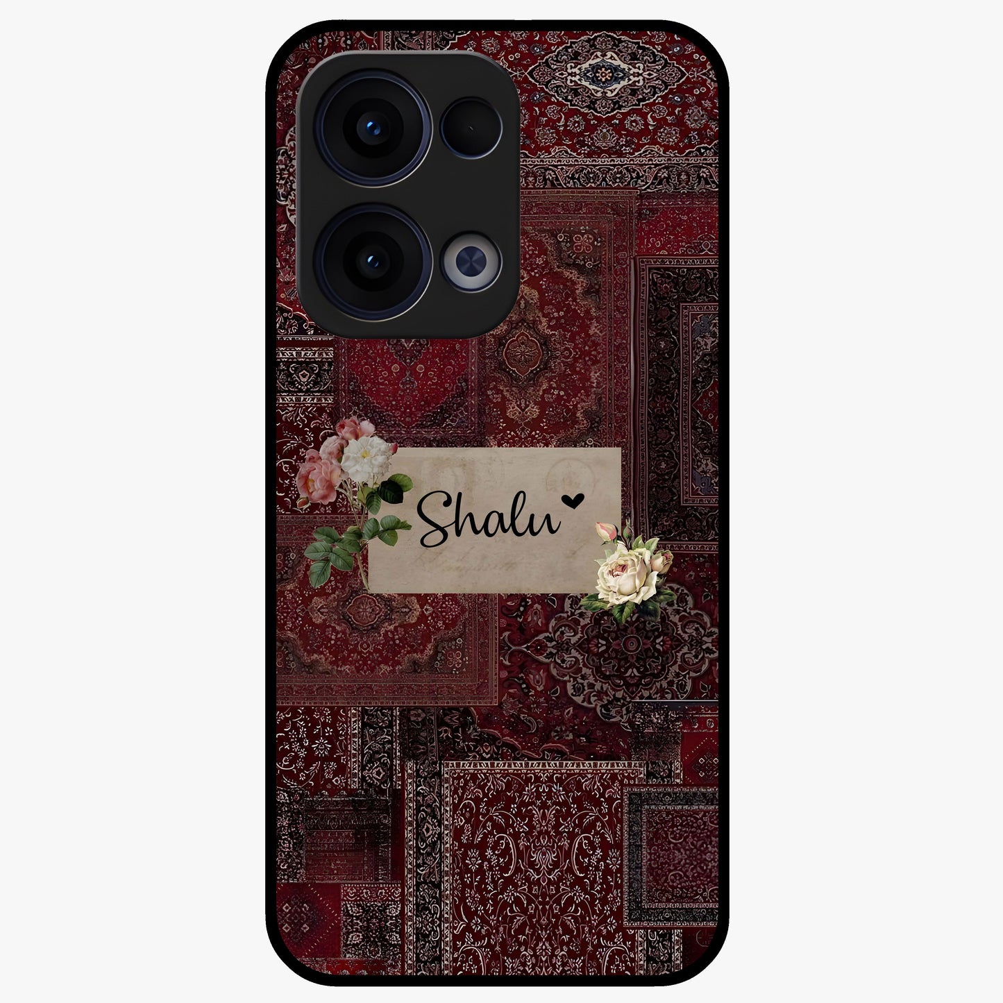 Velvet Wine Pattern Custom Name Glass Case showing flat back view with elegant wine colored pattern artwork and personalized name design.