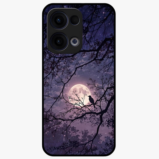 Whispering Moon Silence Glass Case showing flat back view with serene moon themed artwork and glossy glass finish.