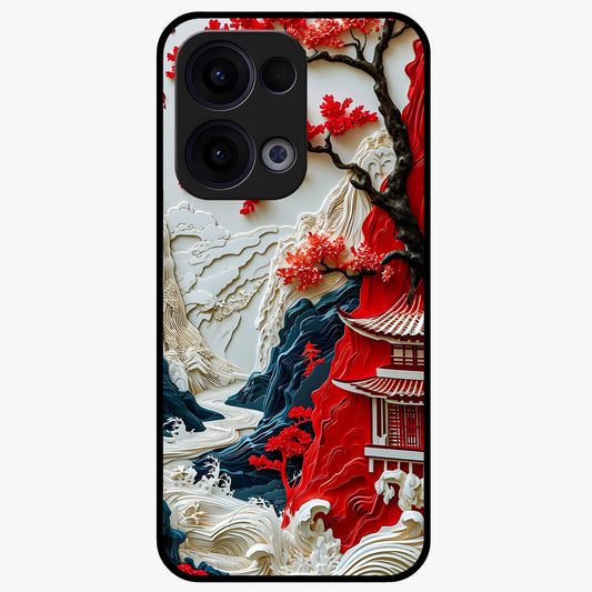Whispers Of Sakura Waves Glass Case showing flat back view with cherry blossom wave artwork and glossy glass finish.