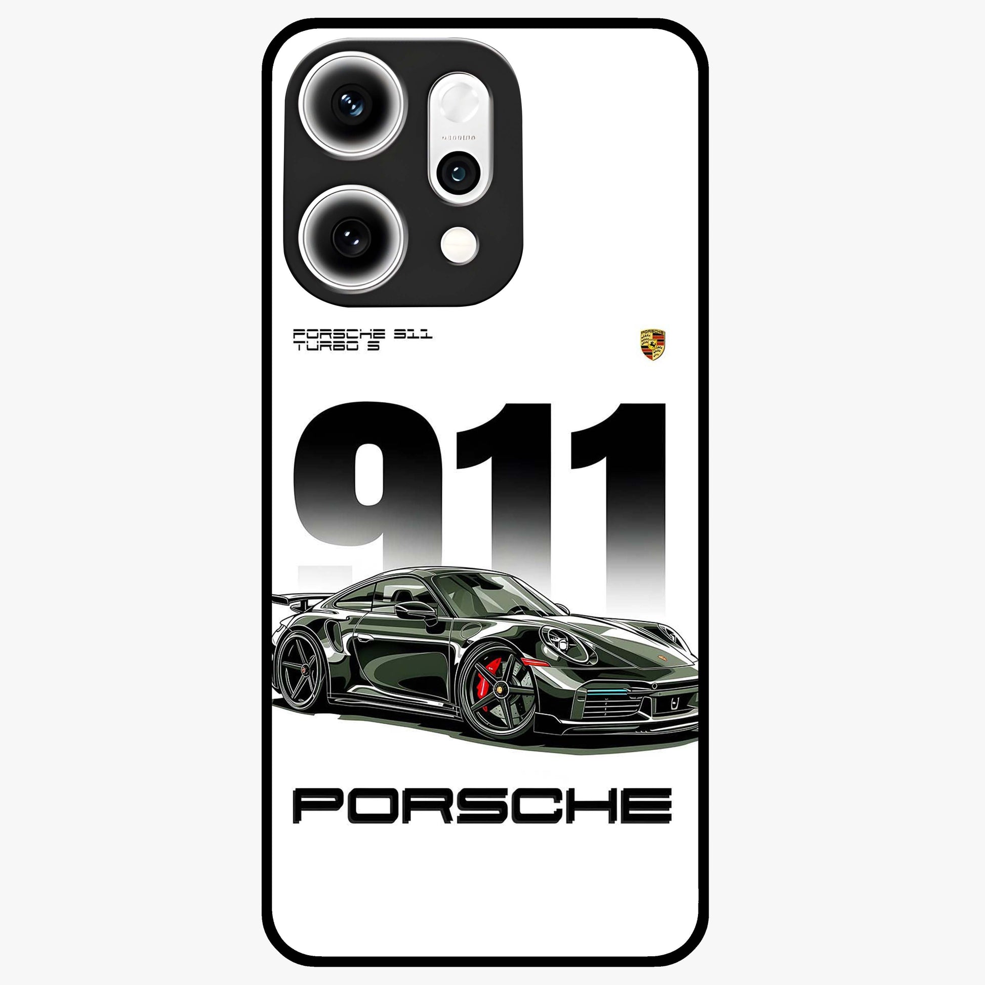 911 Turbo Dominance Glass Case showing clean flat back view with bold 911 sports car artwork and glossy glass finish.