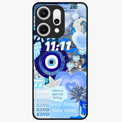 Aesthetic Be Kind Eye Glass Case showing flat back view with motivational eye artwork and glossy glass finish.