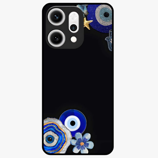 Aesthetic Blue Evil Eye Glass Case showing flat back view with protective evil eye artwork and glossy glass finish.