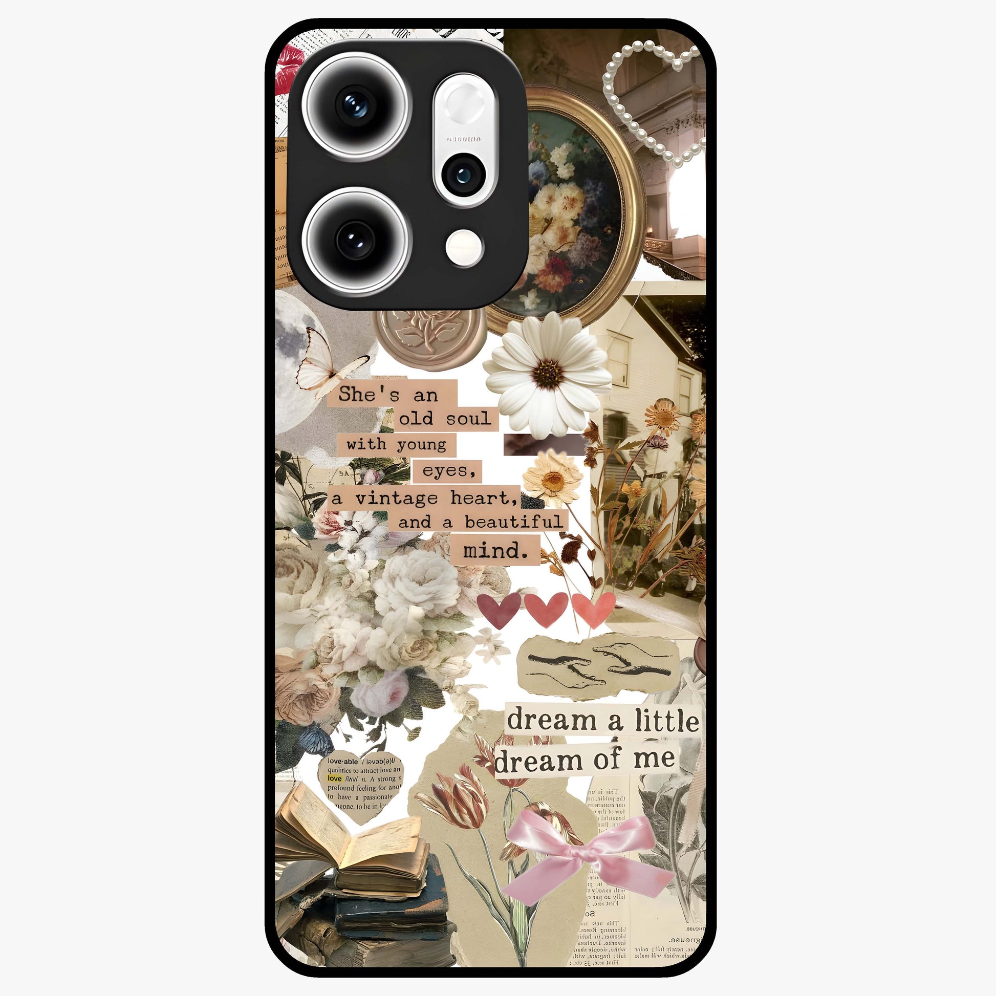 Aesthetic Brown Vintage Collage Glass Case showing flat back view with retro collage artwork and glossy glass finish.