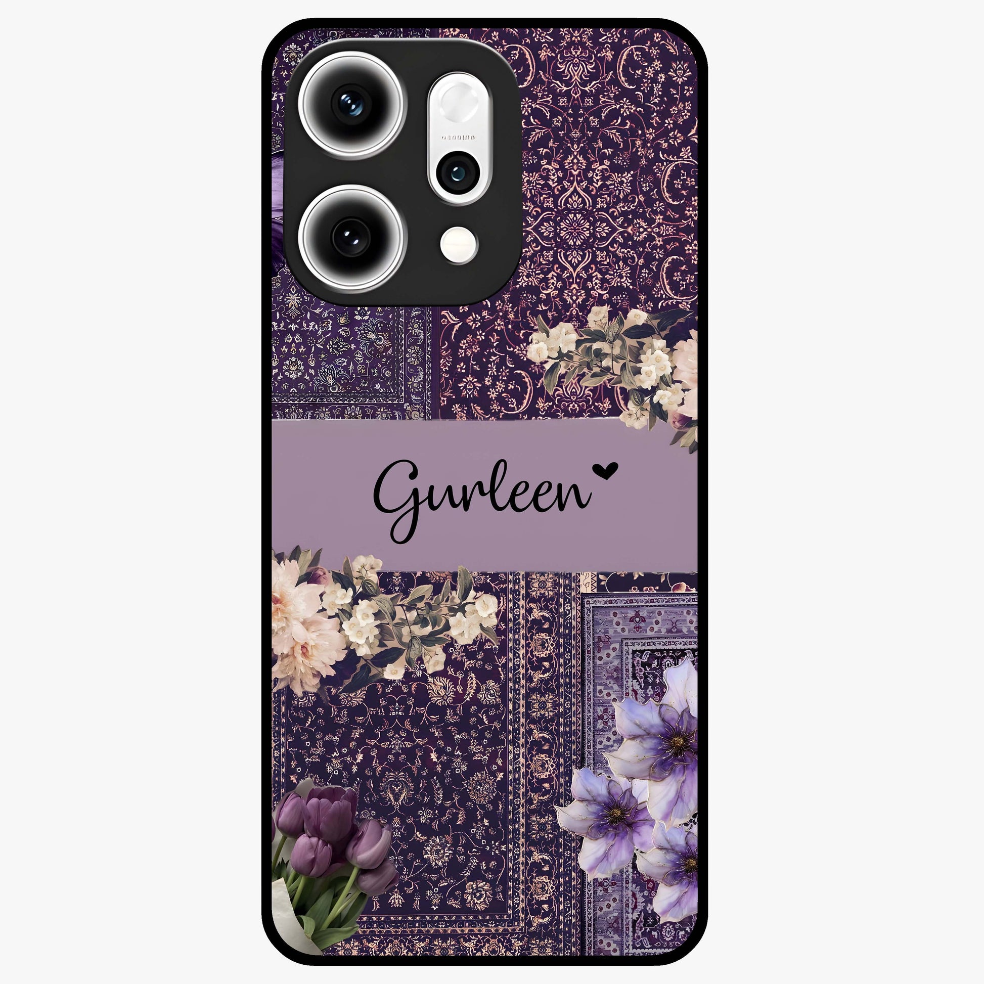 Antique Floral Whisper Custom Name Glass Case showing flat back view with vintage floral artwork and personalized name design.