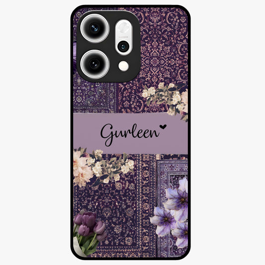 Antique Floral Whisper Custom Name Glass Case showing flat back view with vintage floral artwork and personalized name design.
