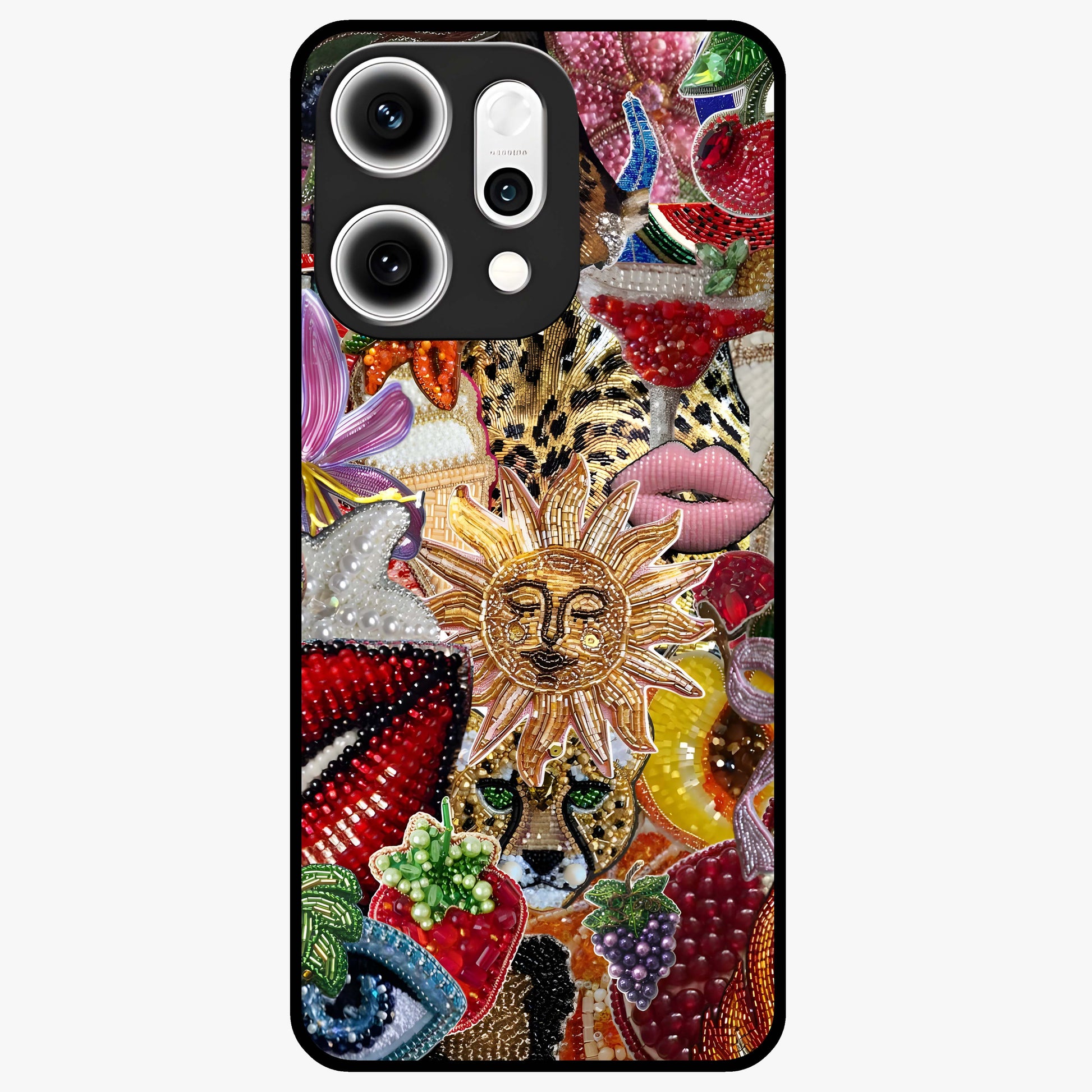 Beaded Fashion Jungle Glass Case showing flat back view with vibrant jungle inspired bead artwork and glossy glass finish.